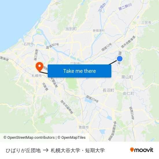 ひばりが丘団地 to 札幌大谷大学・短期大学 map