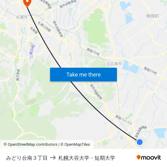 みどり台南３丁目 to 札幌大谷大学・短期大学 map