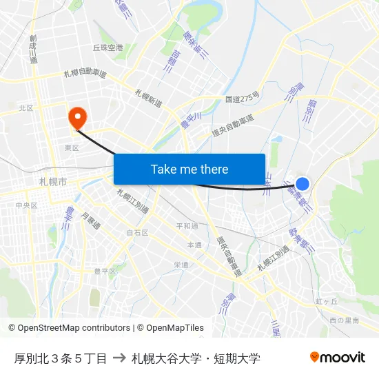 厚別北３条５丁目 to 札幌大谷大学・短期大学 map