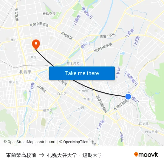 東商業高校前 to 札幌大谷大学・短期大学 map