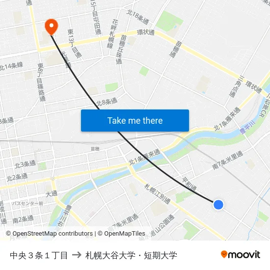 中央３条１丁目 to 札幌大谷大学・短期大学 map