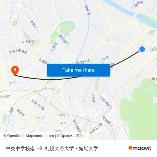 中央中学校南 to 札幌大谷大学・短期大学 map