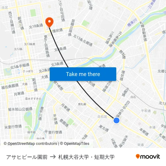 アサヒビール園前 to 札幌大谷大学・短期大学 map