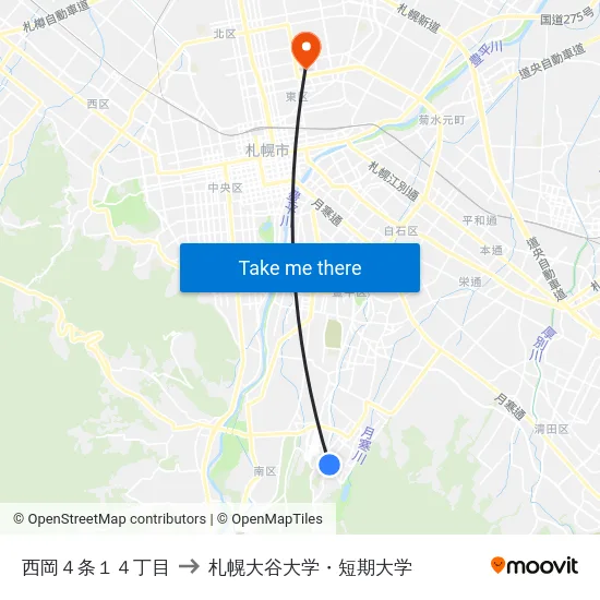西岡４条１４丁目 to 札幌大谷大学・短期大学 map