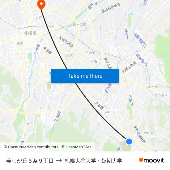 美しが丘３条９丁目 to 札幌大谷大学・短期大学 map