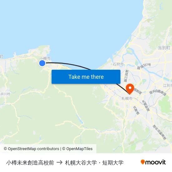 小樽未来創造高校前 to 札幌大谷大学・短期大学 map