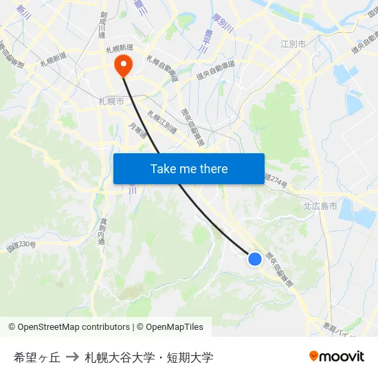希望ヶ丘 to 札幌大谷大学・短期大学 map