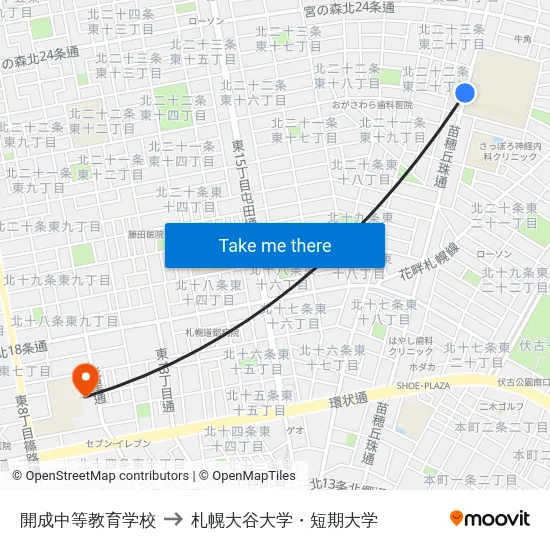 開成中等教育学校 to 札幌大谷大学・短期大学 map