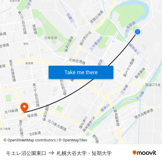 モエレ沼公園東口 to 札幌大谷大学・短期大学 map