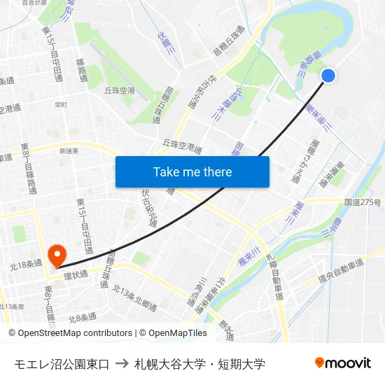 モエレ沼公園東口 to 札幌大谷大学・短期大学 map