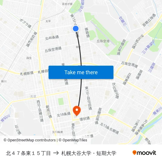 北４７条東１５丁目 to 札幌大谷大学・短期大学 map