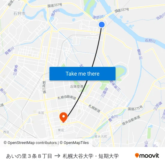 あいの里３条８丁目 to 札幌大谷大学・短期大学 map