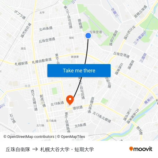 丘珠自衛隊 to 札幌大谷大学・短期大学 map