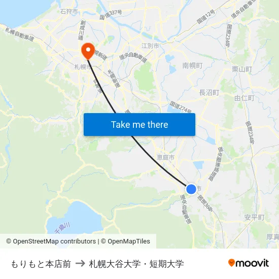 もりもと本店前 to 札幌大谷大学・短期大学 map