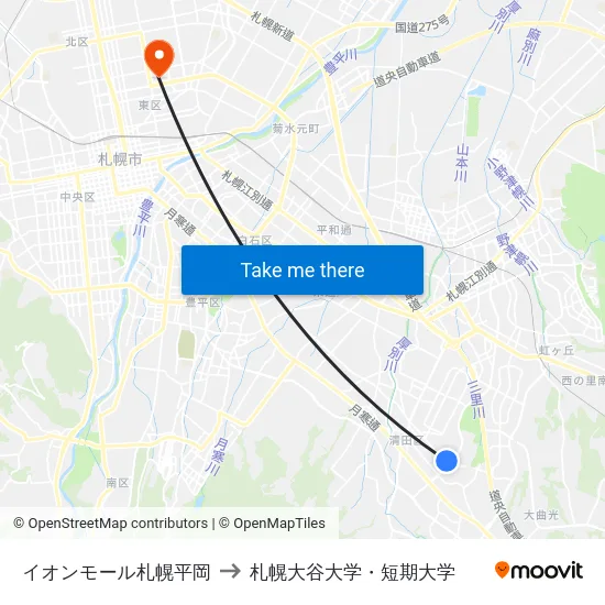 イオンモール札幌平岡 to 札幌大谷大学・短期大学 map