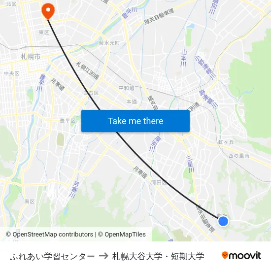 ふれあい学習センター to 札幌大谷大学・短期大学 map