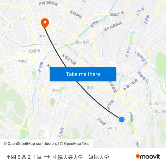 平岡５条２丁目 to 札幌大谷大学・短期大学 map