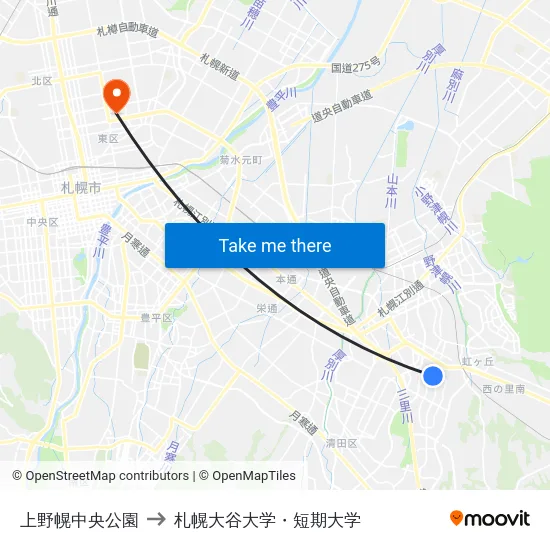 上野幌中央公園 to 札幌大谷大学・短期大学 map