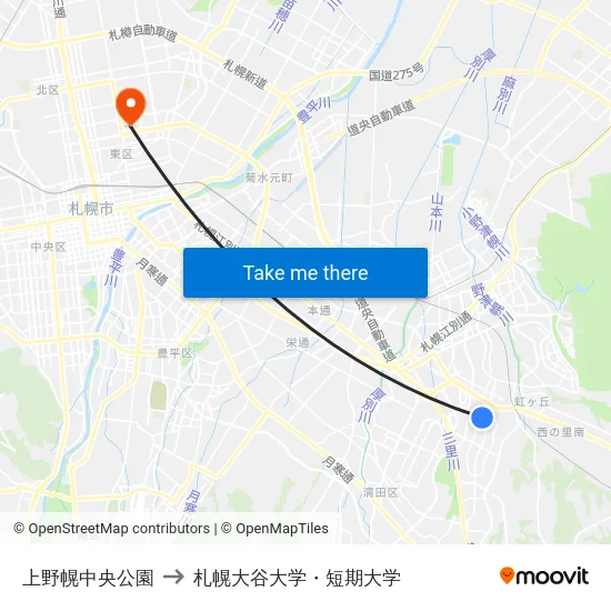 上野幌中央公園 to 札幌大谷大学・短期大学 map