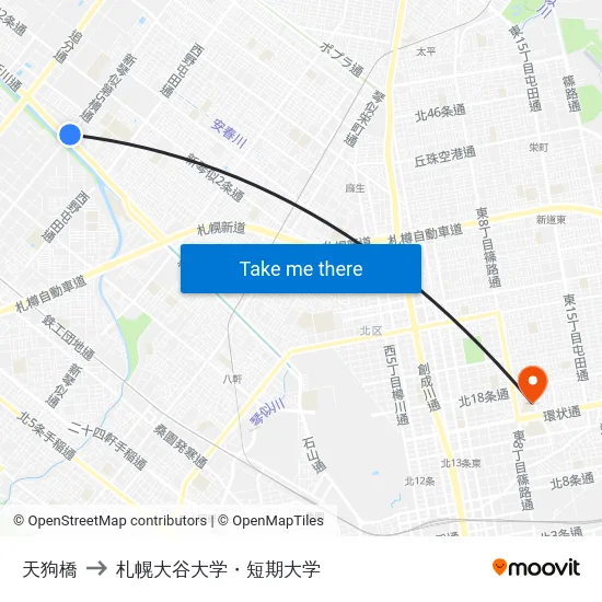 天狗橋 to 札幌大谷大学・短期大学 map
