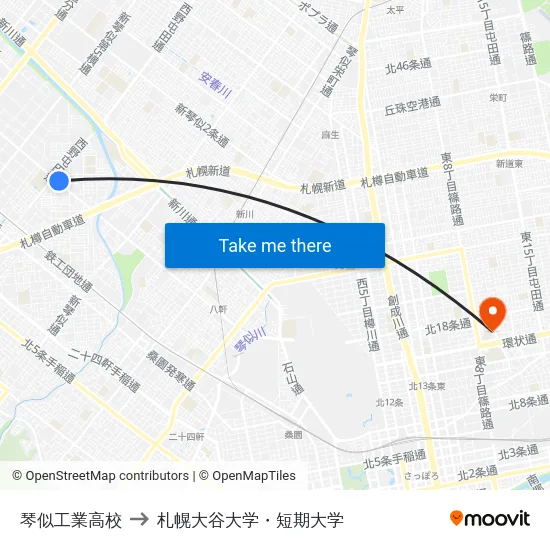 琴似工業高校 to 札幌大谷大学・短期大学 map