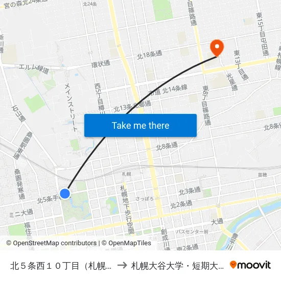 北５条西１０丁目（札幌） to 札幌大谷大学・短期大学 map