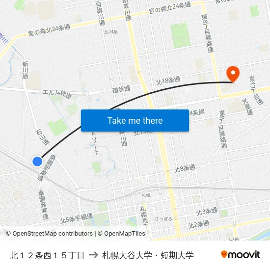 北１２条西１５丁目 to 札幌大谷大学・短期大学 map