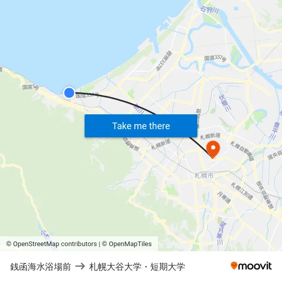 銭函海水浴場前 to 札幌大谷大学・短期大学 map