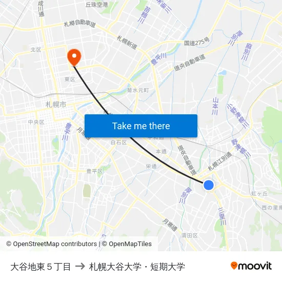 大谷地東５丁目 to 札幌大谷大学・短期大学 map
