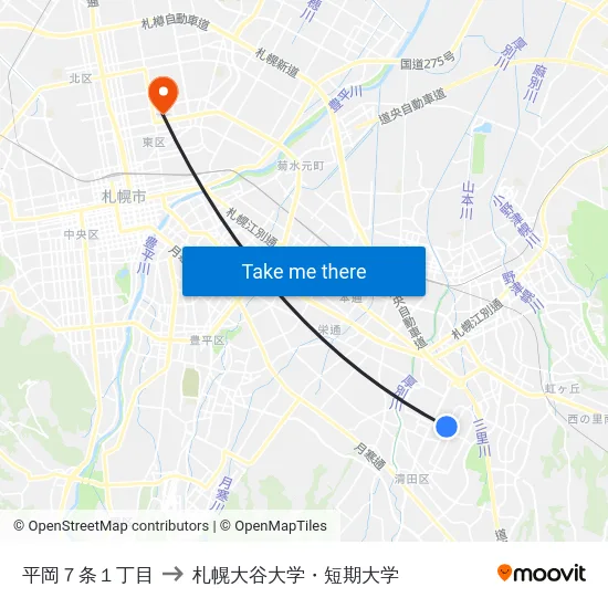 平岡７条１丁目 to 札幌大谷大学・短期大学 map