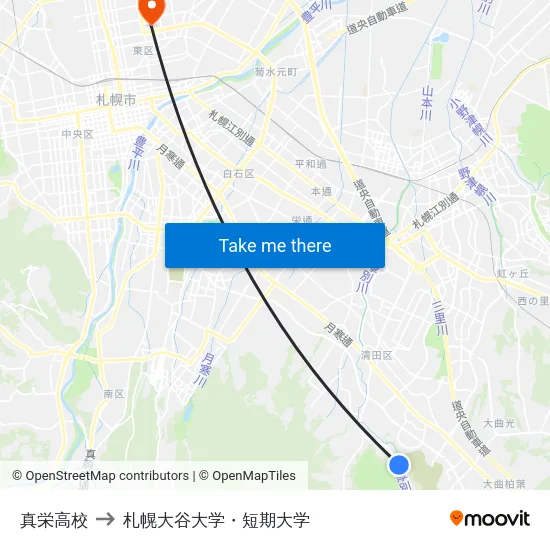 真栄高校 to 札幌大谷大学・短期大学 map