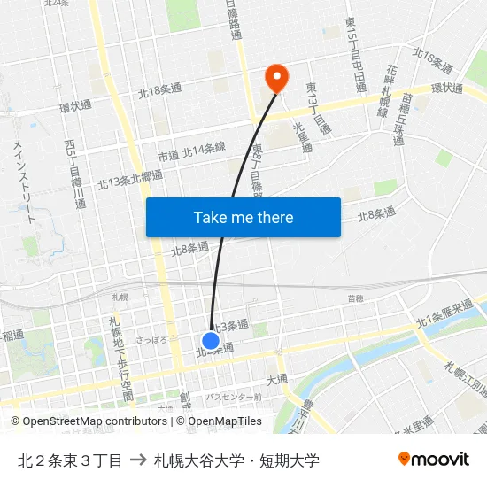 北２条東３丁目 to 札幌大谷大学・短期大学 map
