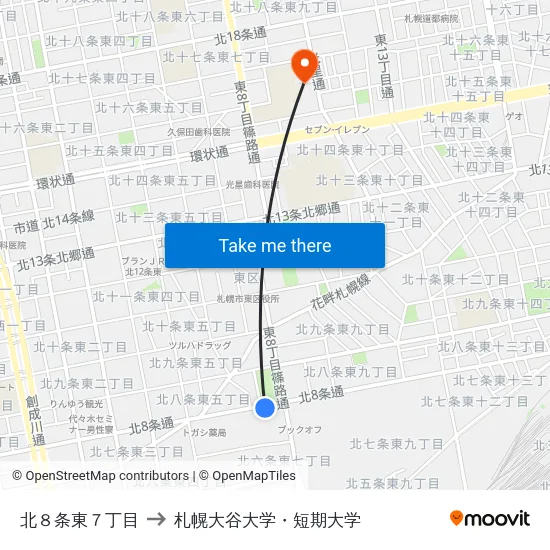 北８条東７丁目 to 札幌大谷大学・短期大学 map