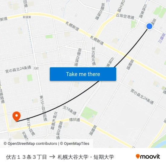 伏古１３条３丁目 to 札幌大谷大学・短期大学 map
