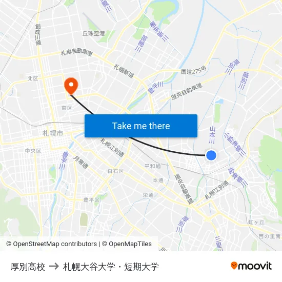 厚別高校 to 札幌大谷大学・短期大学 map