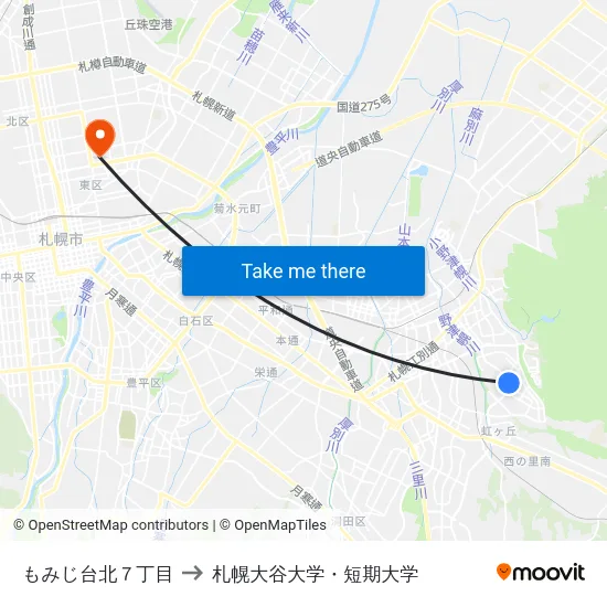 もみじ台北７丁目 to 札幌大谷大学・短期大学 map