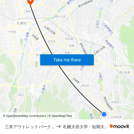 三井アウトレットパーク前 to 札幌大谷大学・短期大学 map