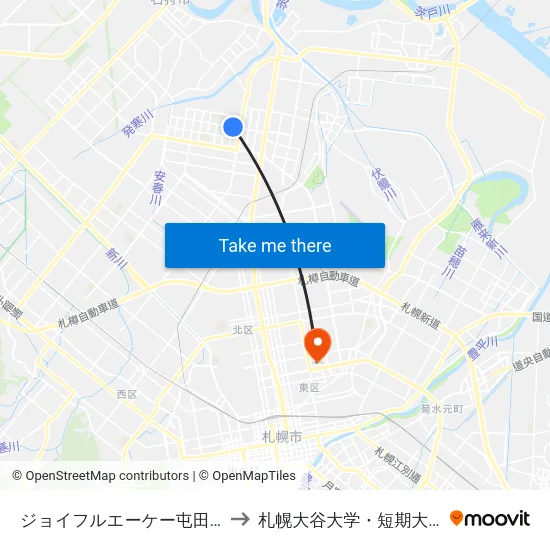 ジョイフルエーケー屯田店 to 札幌大谷大学・短期大学 map