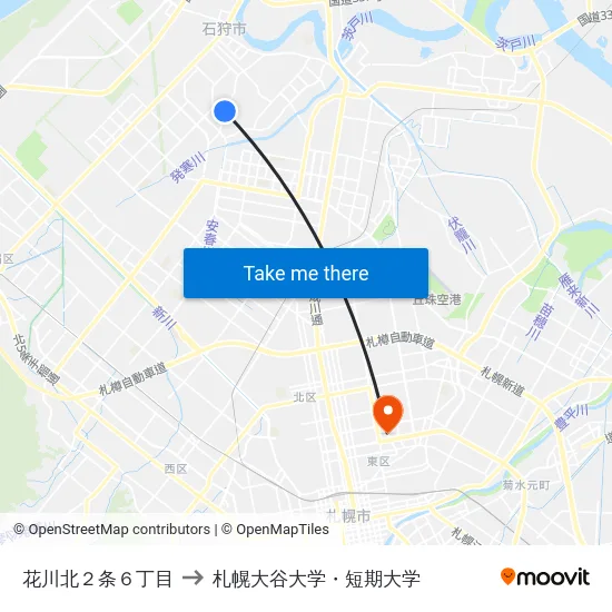 花川北２条６丁目 to 札幌大谷大学・短期大学 map