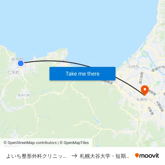 よいち整形外科クリニック前 to 札幌大谷大学・短期大学 map