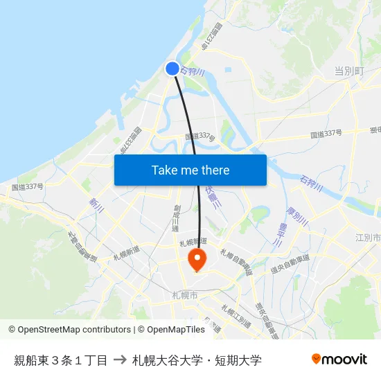 親船東３条１丁目 to 札幌大谷大学・短期大学 map