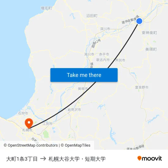 大町1条3丁目 to 札幌大谷大学・短期大学 map