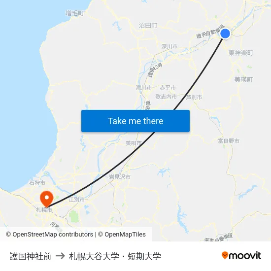 護国神社前 to 札幌大谷大学・短期大学 map