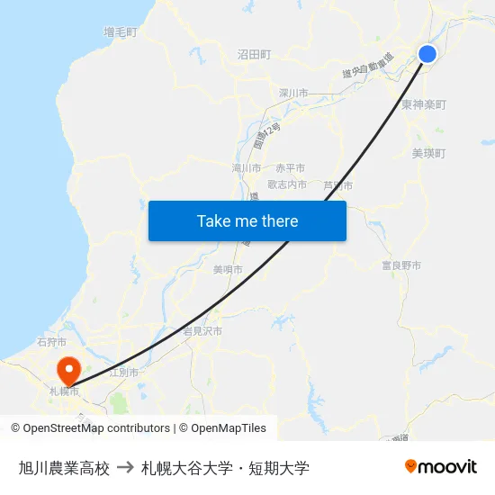 旭川農業高校 to 札幌大谷大学・短期大学 map
