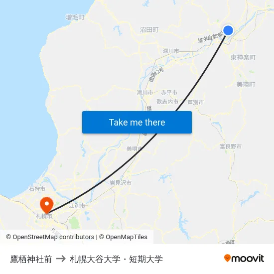 鷹栖神社前 to 札幌大谷大学・短期大学 map