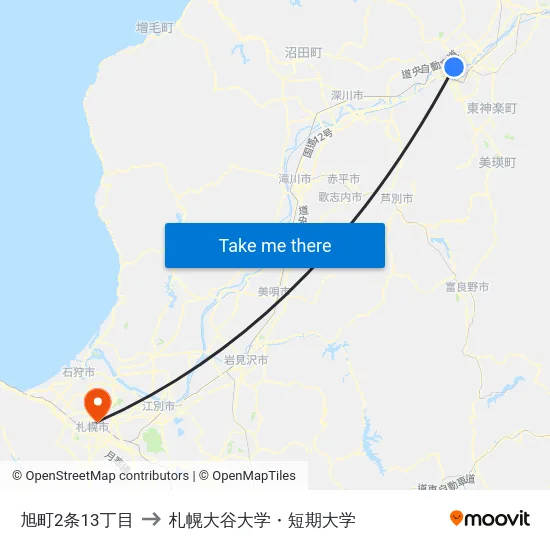 旭町2条13丁目 to 札幌大谷大学・短期大学 map