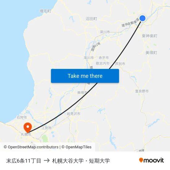 末広6条11丁目 to 札幌大谷大学・短期大学 map