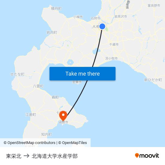 東栄北 to 北海道大学水産学部 map