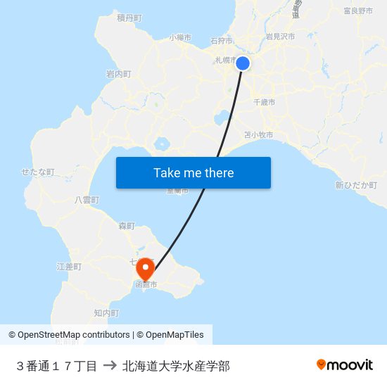 ３番通１７丁目 to 北海道大学水産学部 map