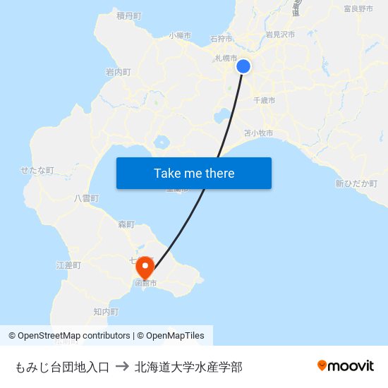 もみじ台団地入口 to 北海道大学水産学部 map
